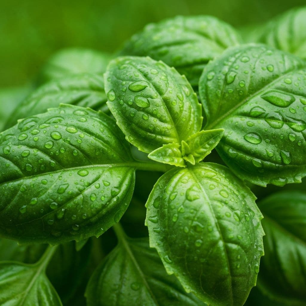 Fresh Italian basil with morning dew
